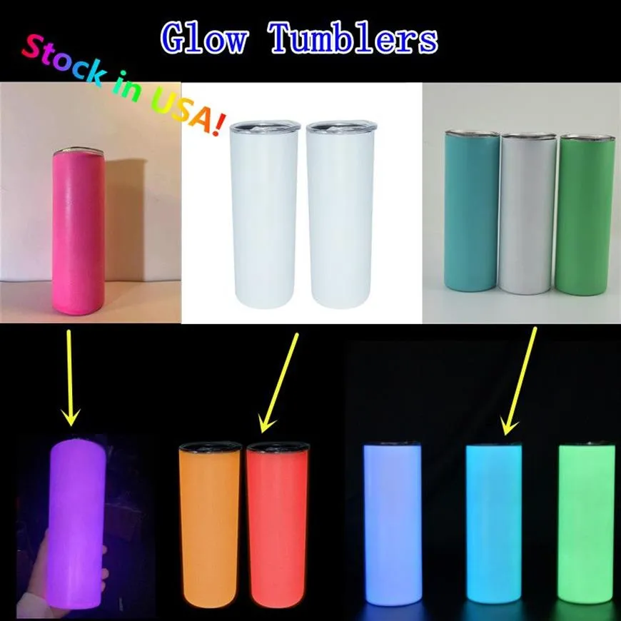 USA VOORRADEN Glow Tumblers Sublimatie 20oz Rechte Skinny Tumbler met Stro Deksel RVS Dubbelwandige DIY Blanks Slim Water233Y