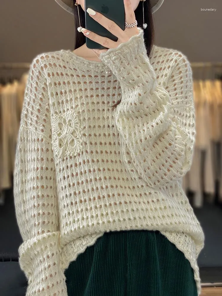 Women's Sweaters 2023 Autumn Women Sweater Pullover O-Neck Hollow Merino Wool Twist Flower Cashmere Knitted Vintage Female Clothes Tops