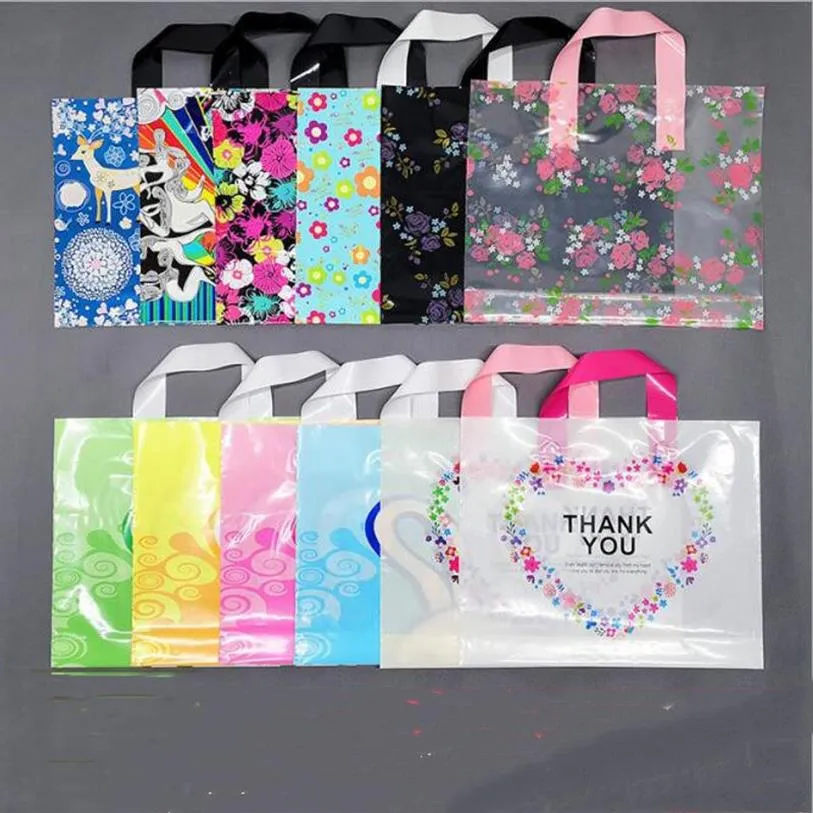 50 Uds. Bolsa de plástico con asa, bolsa de regalo bonita con dibujos de flores, tela de compras grande, bolsas de embalaje para regalo de fiesta, 284j