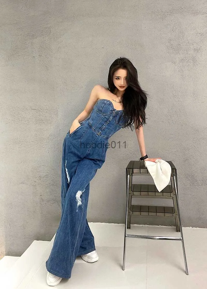 Women's Jumpsuits Rompers Korean Style Denim Jumpsuit Slim Waist Tube top  one piece Wide Leg Pants Sexy Strapless Long Overalls Side Zipper Rompers