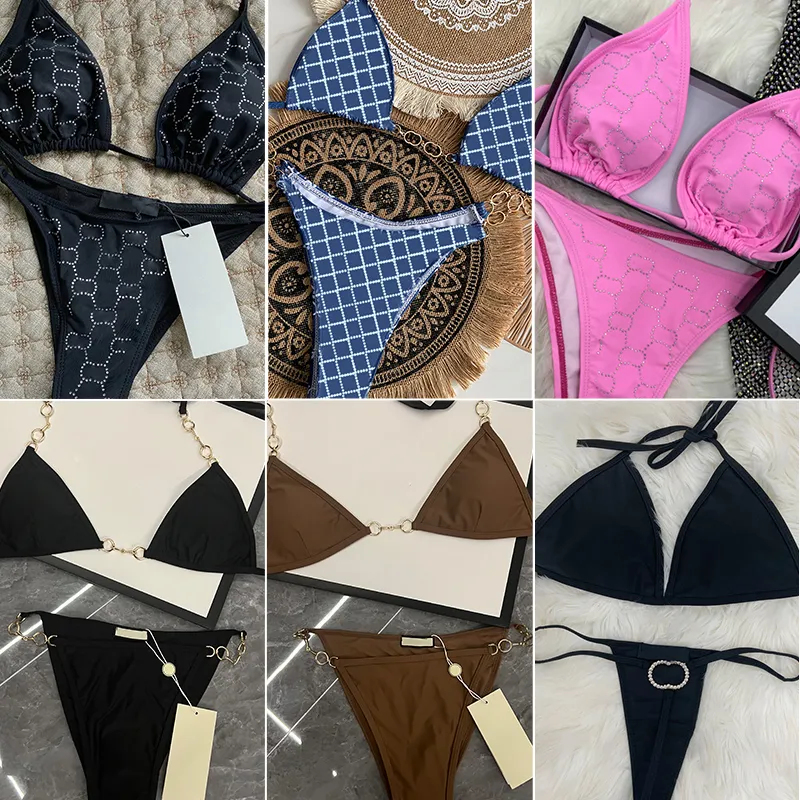 Modedesigner flickor bikini set het klassisk badkläder sexiga kvinnliga bokstäver snörning baddräkt damer casual strass strand baddräkt mammor thongs tankini