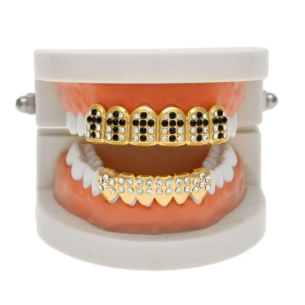 Grillz Dental Grills New Gold Plated Iced Out Black Cz Rhinestone Hip Hop Teeth For Mouth Caps Top Bottom Grill Set Vampire Drop Deliv Dh2K6