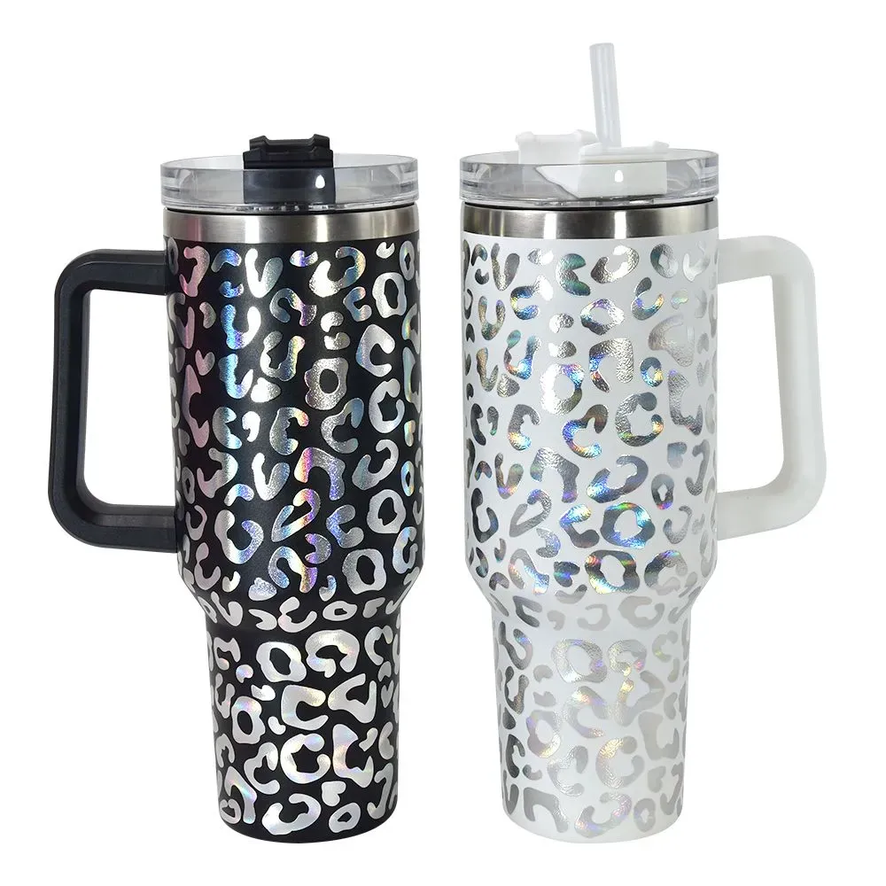 NEWEST!! 40oz Laser Holographic Leopard Tumbler Double Wall Stainless Steel Water Cup Car Mugs with Handle Wholesale L01