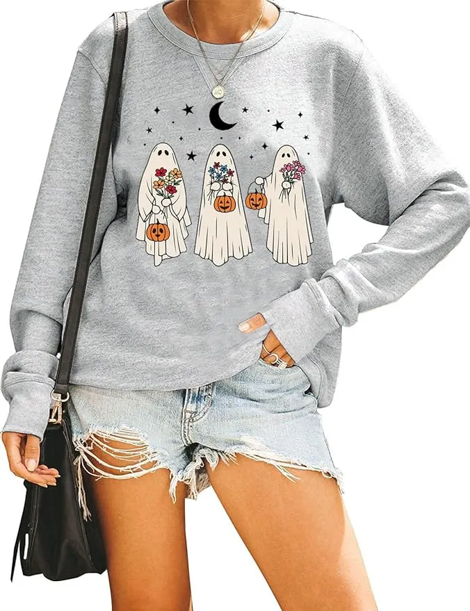 Halloween Ghost Sweatshirt Kvinnor Roliga pumpa skjortor Spooky Season grafisk Pullover Hocus Pocus Long Sleeve Tops Halloween Sweatshirt
