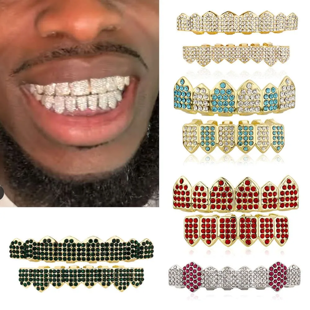 18-каратное настоящее золото Зуб вампира Grillz Панк Хип-хоп Bling Rhinestone Iced Out Алмазные зубные грили Брекеты Рот Стоматологическая зубная шапка Хэллоуин Косплей Рэпер Украшения для тела