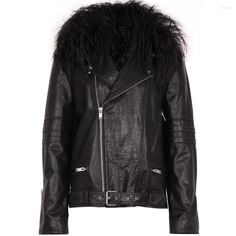 YOLOAgain – veste en cuir véritable avec col en fourrure d'autruche pour femme, surdimensionnée, Vintage, pour motard, automne 2023