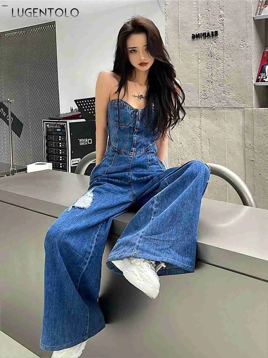 Girls denim wide leg jumpsuit