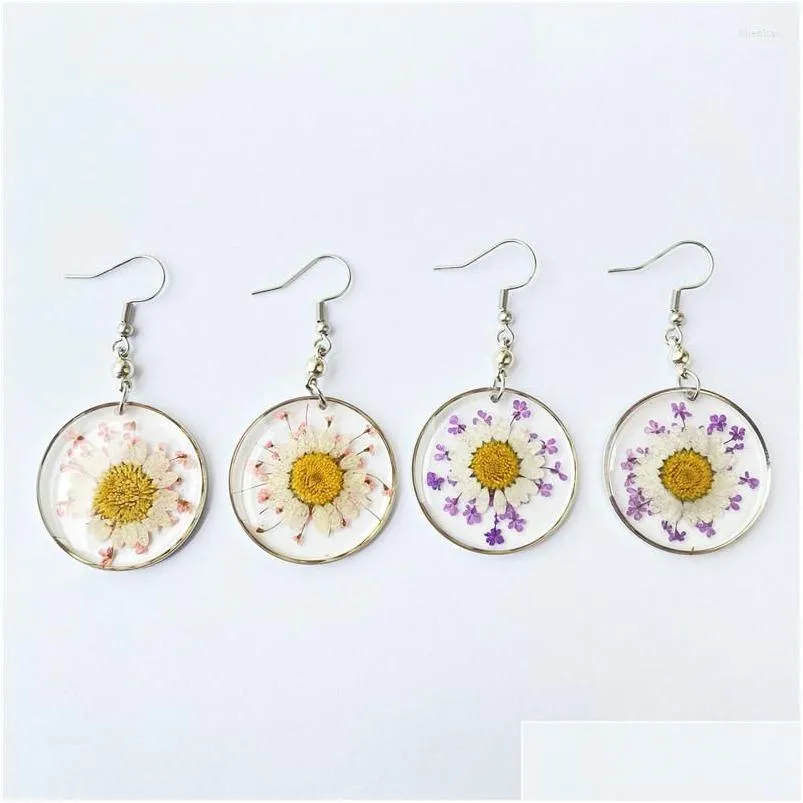 Dangle Chandelier Earrings Round Daisy Flower Earring For Women Unique Pressed Natural Jewelry Creative Wholesale Drop Delivery Dhj5T