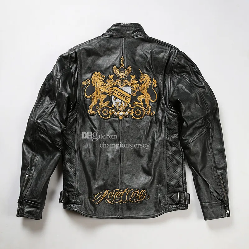 Veste de motard en cuir pour hommes manteaux en peau de vache à col montant broderie CORE Royal