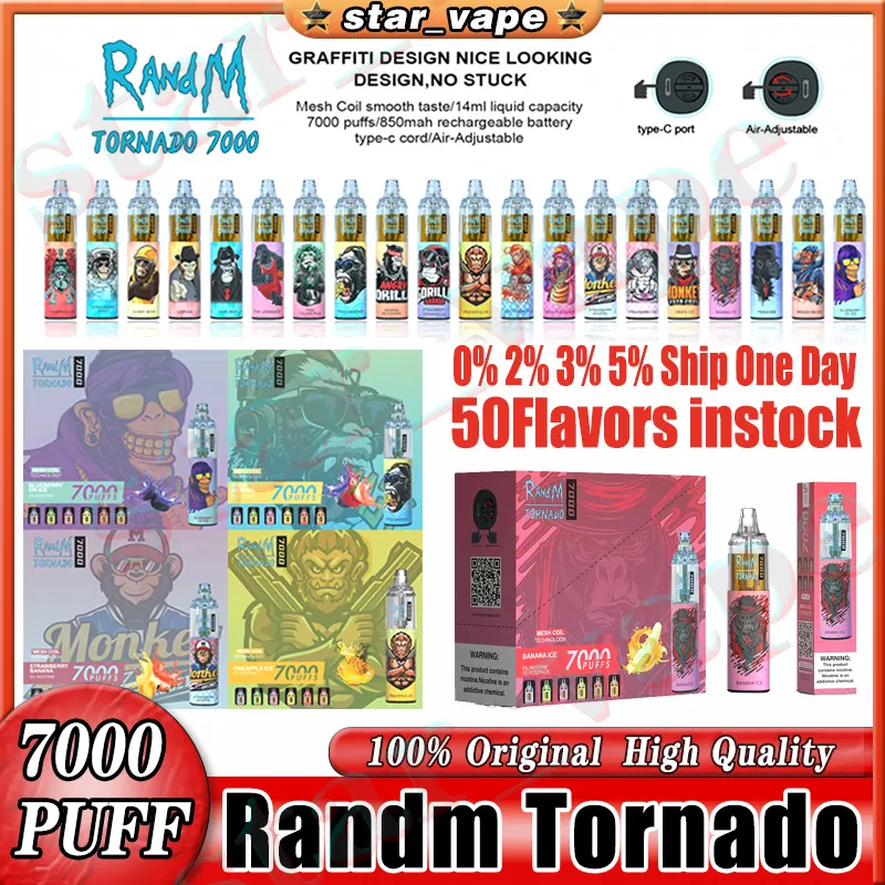 Original RandM Tornado 7000 Puff jetable Vape Pen 7k Cigarettes électroniques 14 ml Pod Mesh Coil 6 couleurs lumineuses rechargeable réglable en air 0% 2% 3% 5% bar instock