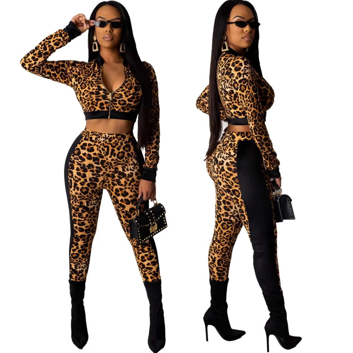 Leopard tryck två stycken byxor Kvinnor Casual Zip Cross Top och Legging Set Tracksuits Free Ship