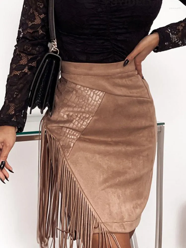 Skirts FTLZZ Summer Sexy Women Faux Chamois Leather Skirt Casual Lady Tassel Suede High Street Empire Slim Bodycon
