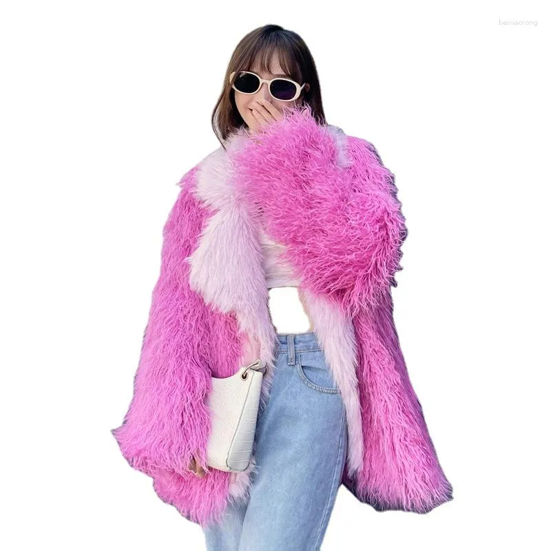 Manteau de fourrure rose pour femme, vêtement d'extérieur, veste de luxe en peluche, fausse agneau, revers moelleux, hiver 2023