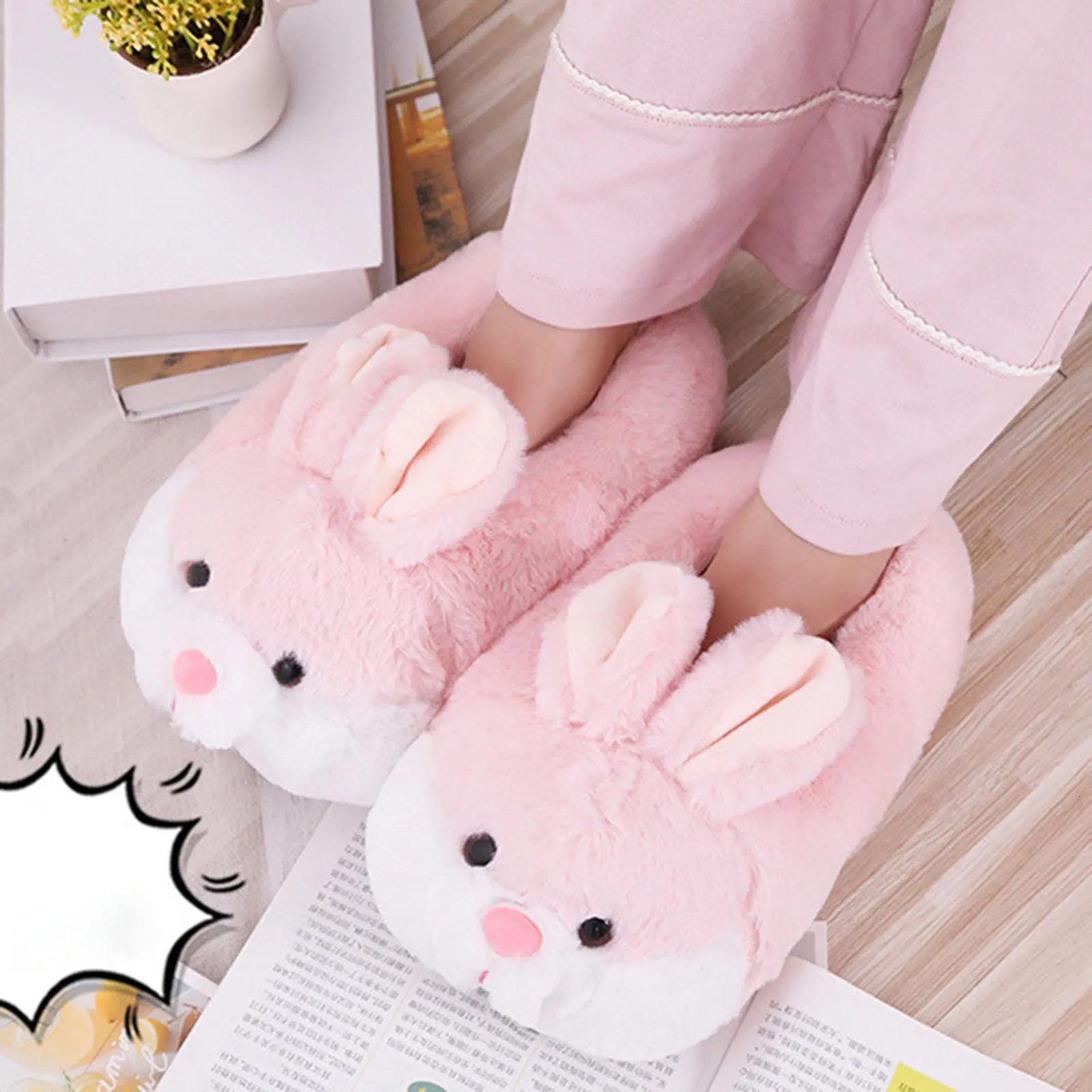 2Pcs Women Cartoon Rabbit Plush Slippers Adorable Warm House Shoes for Bedroom Dormitory Indoor