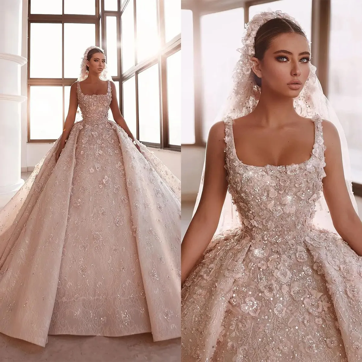 Abiti da sposa principessa Scollo quadrato Perline Abiti da sposa applicati in pizzo Abito da ballo con strascico su misura Robe De Mariee