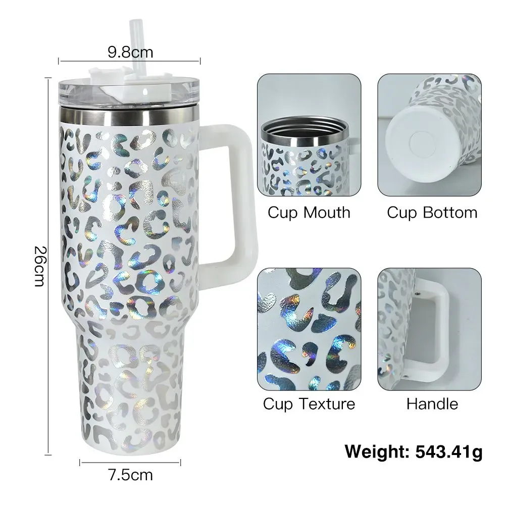 NEWEST!! 40oz Laser Holographic Leopard Tumbler Double Wall Stainless Steel Water Cup Car Mugs with Handle Wholesale L01