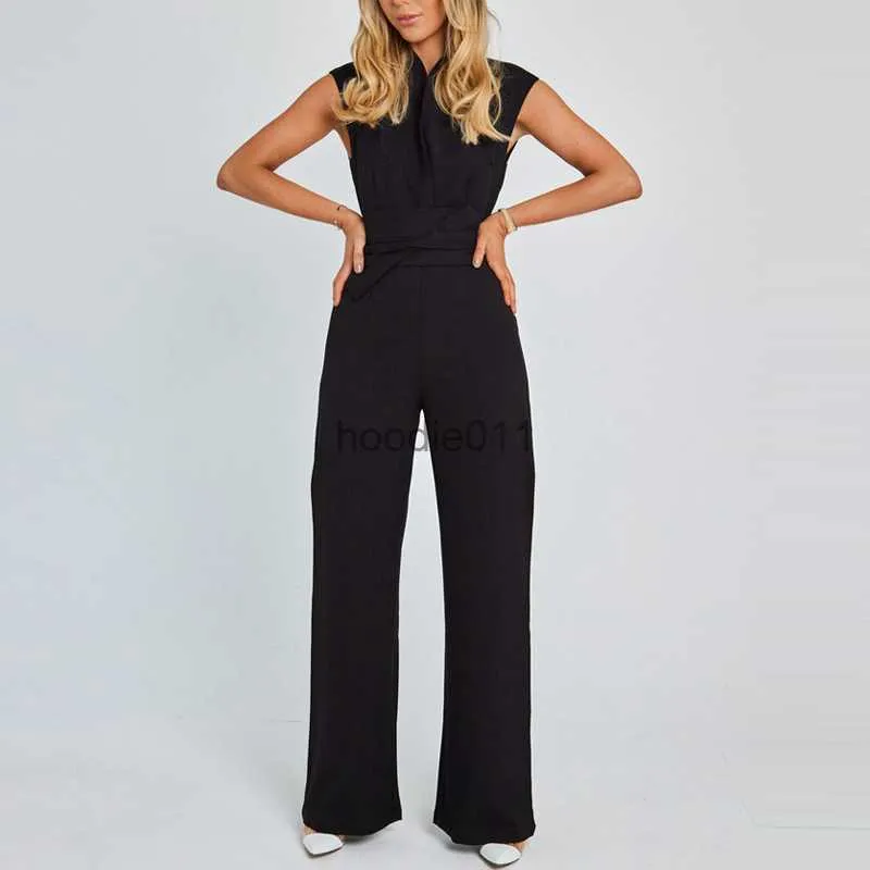 Kvinnors jumpsuits rompers Business Casual V Neck övergripande jumpsuit kvinnor vår solid tie-up bow ol outfit romper sommar ärmlösa raka byxor playsuit l230926