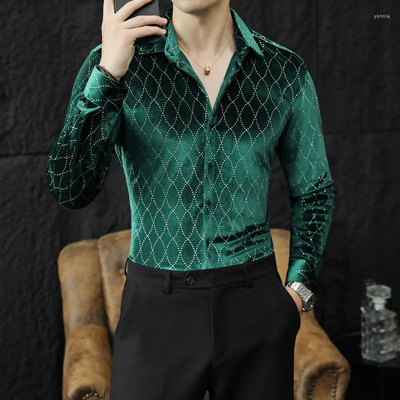 Men's Casual Shirts High End Luxury Blackish Green Velour Mens Dress Velvet Elegant Wedding Banquet Party Wear Slim Fit Gentleman Clothing