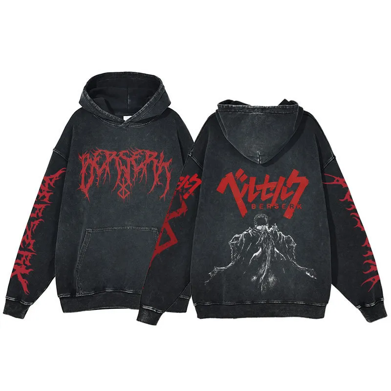 Men's Hoodies Sweatshirts Anime Berserk Hoodie Men's Clothing Black Vintage Print 100% Cotton Acid Wash Hoodies Hip Hop Hooded Sweatshirts Y2K Oversized 230926