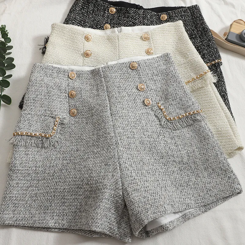 Damen-Shorts aus Tweed, Herbst und Winter, hohe Taille, zweireihig, mit Ketten, gepatcht, aus Wolle, SMLXL