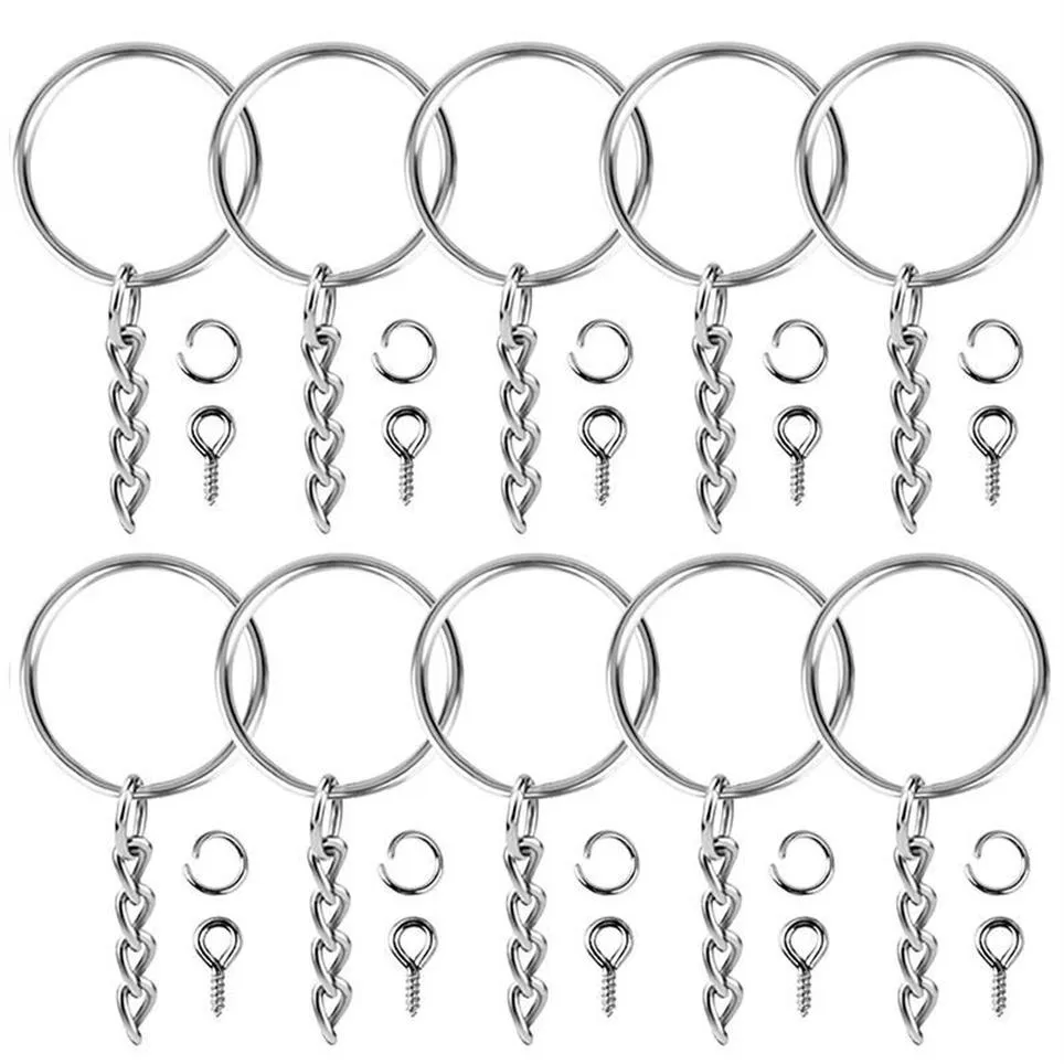 100pcs Keychain Rings Jewelry With Chain And 100 Pcs Screw Eye Pins Bulk For Crafts DIY Silver Keyring Making Accessories267O