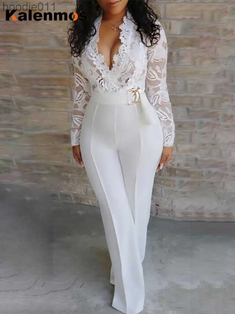 Women's Jumpsuits Rompers New In Jumpsuit Women White Overalls Party Lace Rompers Bodysuit One Piece Long Sleeve V-neck Long Pants Y2k Elegant Spring Work L230926