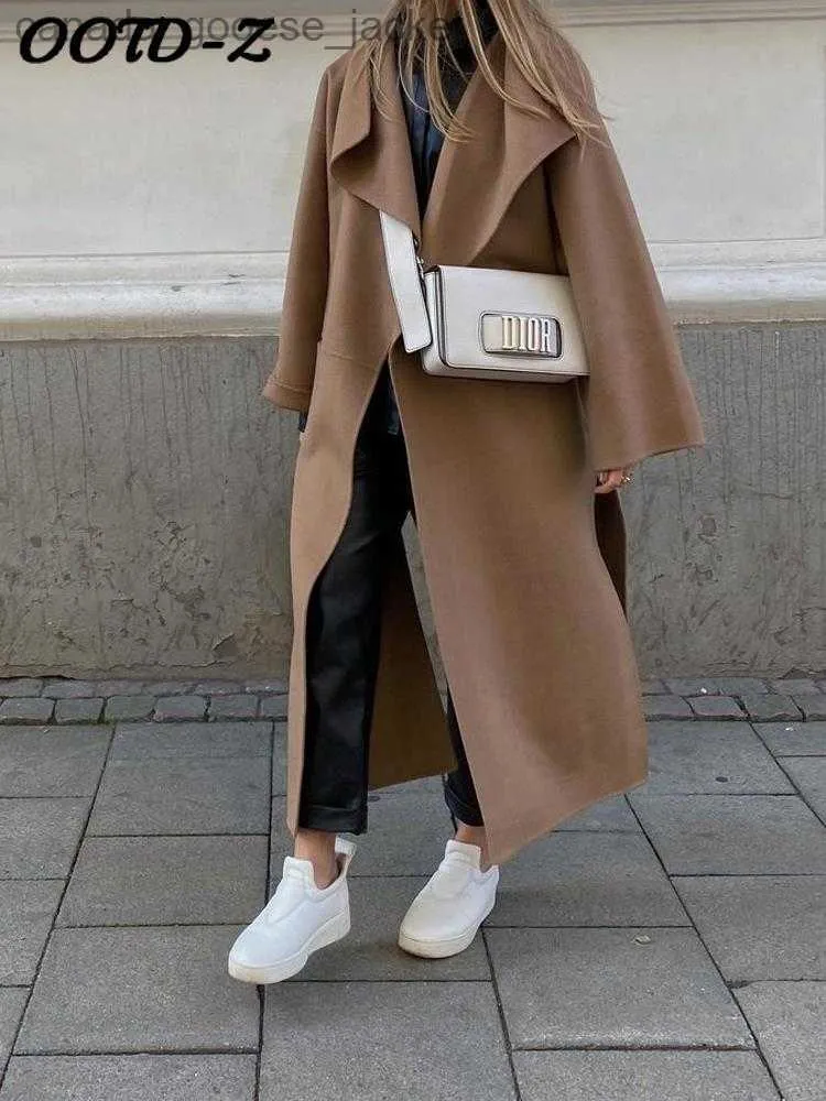 Laine des femmes mélanges élégant femmes manteau en vrac à manches longues côté fendu Maxi femme pardessus 2023 automne hiver mode Streetwear dames manteauxL230926