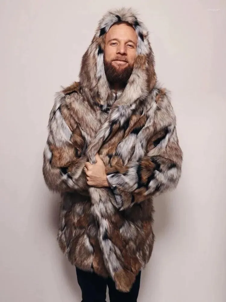 남자 재킷 겨울 가짜 모피 코트 멘딕 후드 푹신한 긴 소매 따뜻한 겉옷 고급 재킷 bontjas mens