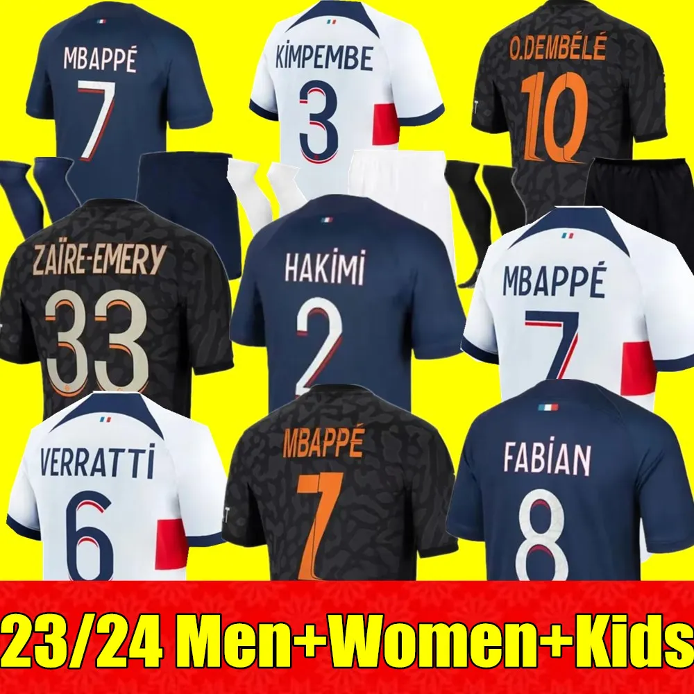 Neue 23 24 MBAPPE HAKIMI Fußballtrikots Vitinha N.Mendes O.Dembele Maillots de Football 2023 2024 MARQUINHOS VERRATTI PSGs Männer Frauen Kinder Kit Hemd Uniformen Home 3rd