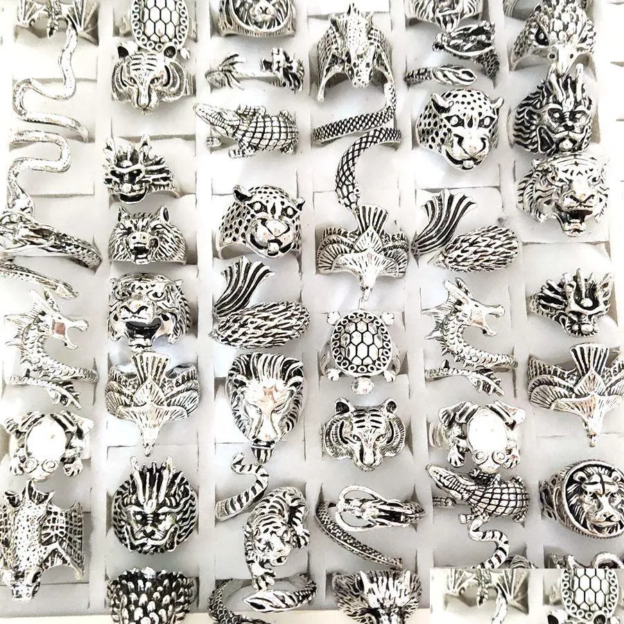 Band Rings 30Pcs Mti-Styles Mix Hiphop Rock Animal Ring Men Retro Metal Snake Dragon Women Unique Jewelry Drop Delivery Dhklc