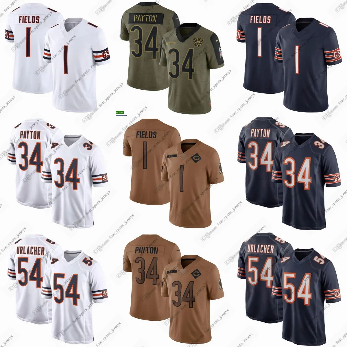 1 Justin Fields 2024 New Football Jerseys 34 Walter Payton 54 Brian Urlacher 8 D.J. Moore 85 Cole Kmet 72 William Perry four sports jerseys