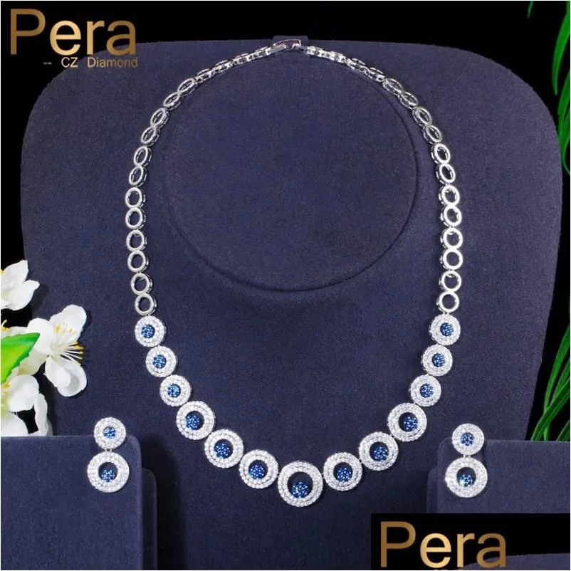 Örhängen Halsband Pera Exklusiv design Royal Blue Cubic Zirconia Round Circle Link Choker Women Party Jewelry Set for Bride Drop Deli DH4VP