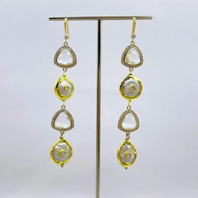 Dangle Earrings Jewelry Natural White Keshi Coin Pearl Gold Color Plated Onyx Crystal For Women