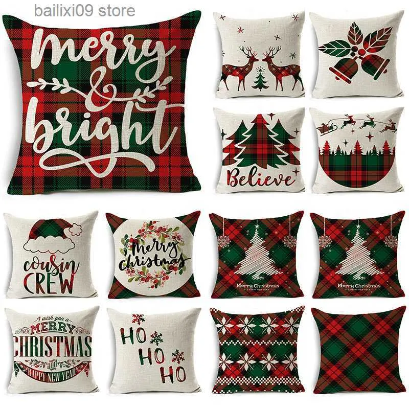 Pillow Case WZH Christmas case lattice sofa car cushion home decoration linen cushion cover Christmas gift 2021 new 18*18 inch T230926