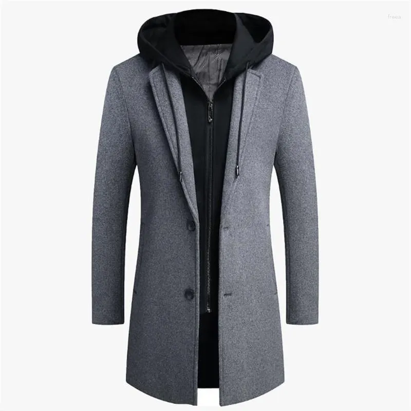 Men's Wool Autumn And Winter Long Windproof Woolen Jacket Casual Thickened Slim-fitting Hooded