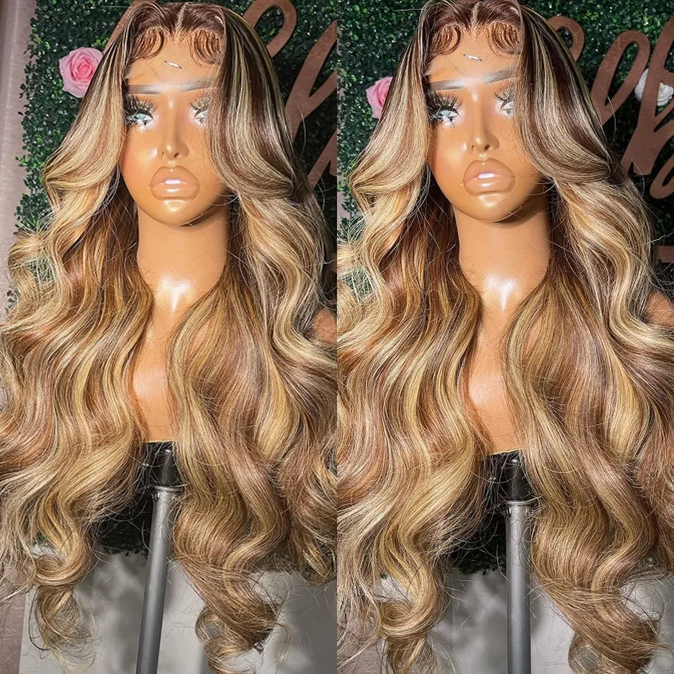 Brasilianskt mänskligt hårblondhöjd spetsar Front Wig Body Wave 360 ​​Full spets peruk Syntetisk före plockad honungsblond peruk