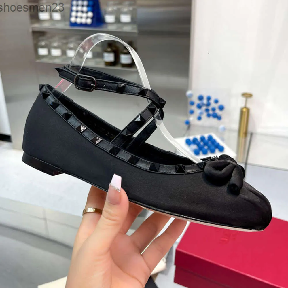 valetion Rivetto Scarpe da Donna in Pelle Ballerine Alte Cinghie Piatte Ballerina con Fondo in Vernice Ragazza con Fiocco in Raso Edizione Singola