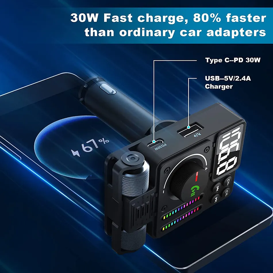 Émetteur FM Bluetooth 5.3 Pour Voiture - Avec Chargeur 96W PD Type-C + QC3.0 Et 2 Câbles Rétractables | Convertisseur Audio Voiture Ancienne - 10