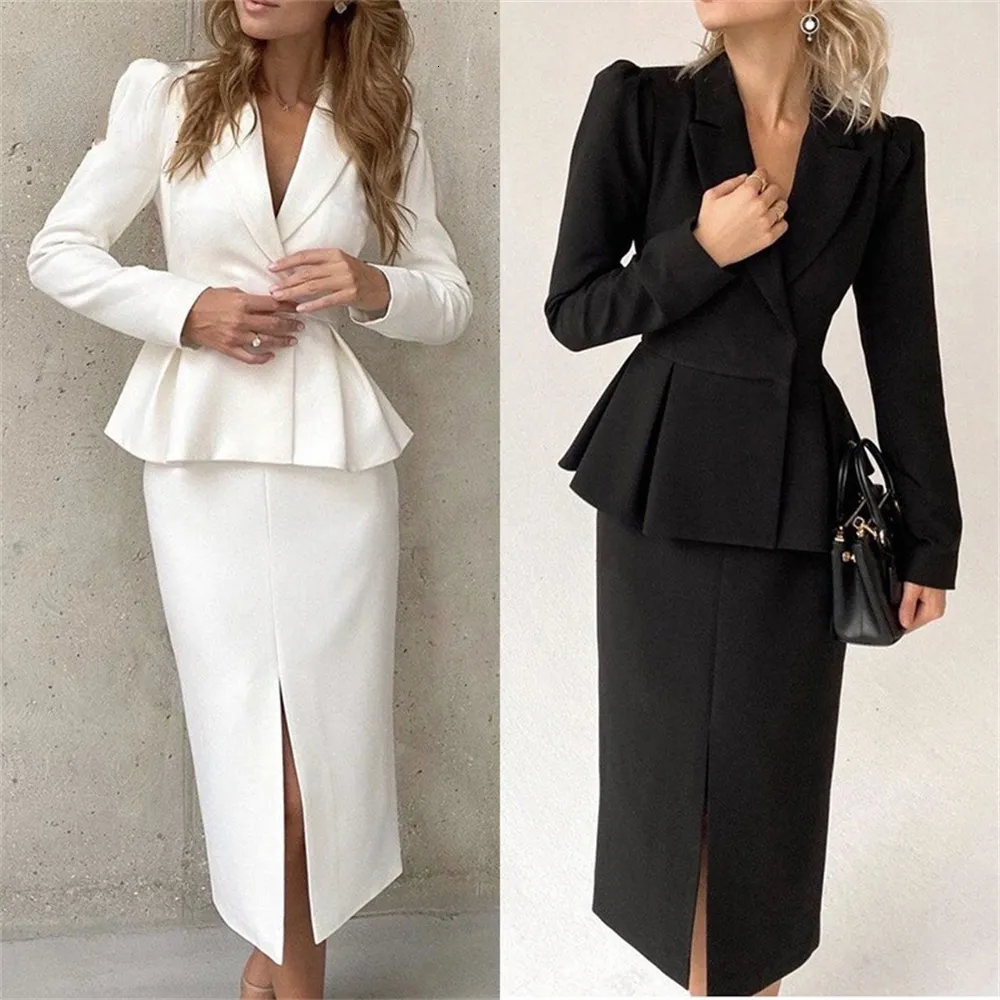 Vestido de duas peças mulheres blazer vestido em elegante babados dividir cor sólida manga longa fenda magro casual escritório senhora blazer saia conjunto 230925