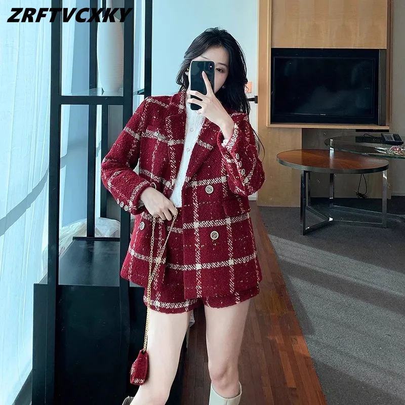 Womens Two Piece Pants Casual Red Lattice Shorts Suits For Autumn Winter Fashion hacked Neck Jacket Coat och 2 Set Outfits 230926