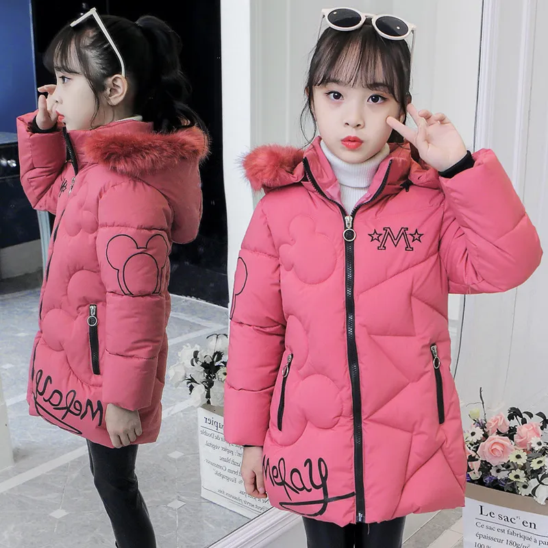 Winter Girls Mid Length Down Coat Thicken Hooded Waterproof