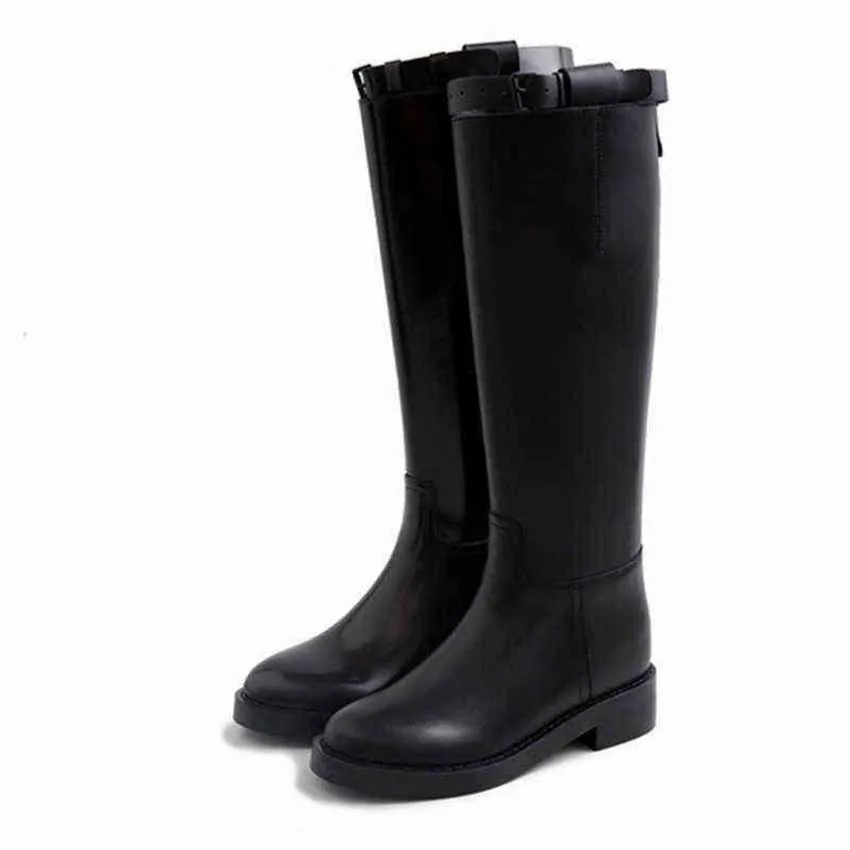 Laarzen Zwart Leer Vrouwen Ridder Winter Punk Stijl Gesp Vrouwen Knie Hoge Platte Schoenen Chaussure Femme 220729