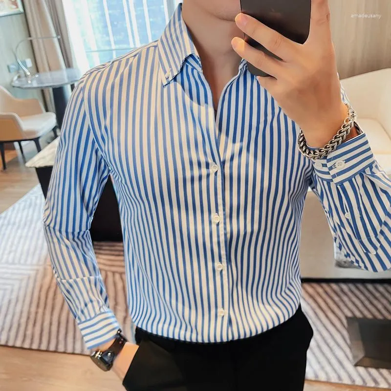 Mäns avslappnade skjortor brittisk stil randig skjorta stilig affärsformell klänning långärmad smal social fest tuxedo blus m-4xl