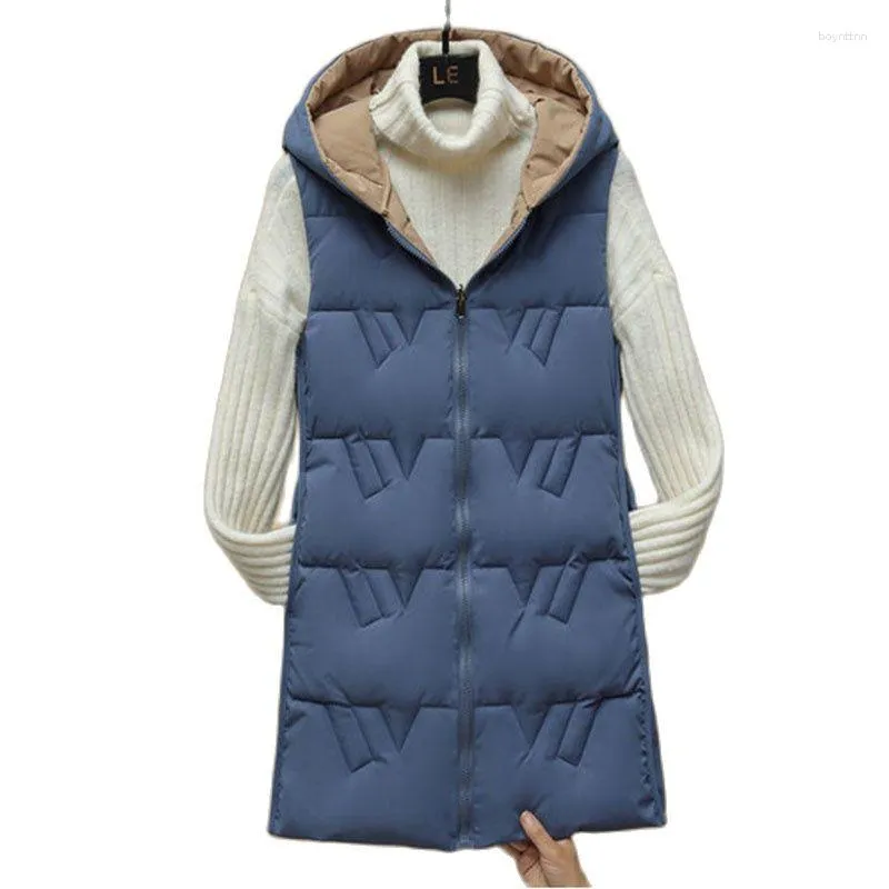 Damesvesten Omkeerbaar vrouwelijk donskatoenen vest Middellange lange jas Herfst Winter Koreaanse versie Slim Fit vest met capuchon Bovenkleding