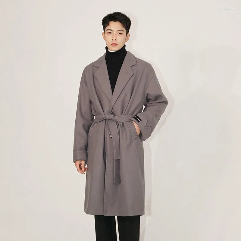 Erkek Yün Syuhgfa Kore Trend Yün Kat 2023 Sonbahar Kış Moda Gevşek İngiliz Tarzı Tek Göğüslü Yakıtlı Kuşak Tüvit Katlar