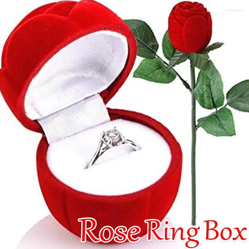 Bolsas de jóias Caixa de suporte de anel de casamento romântico com haste de flor veludo vermelho rosa caso de embalagem de noivado