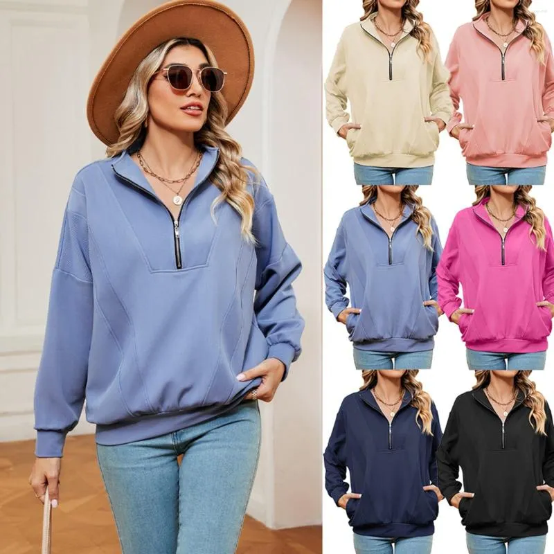 Women's Hoodies Stand Collar Long Sleeve Solid Color Zipper Pocket Hoodie Dark Sweatshirt Women Fuzzy Winter Outfits