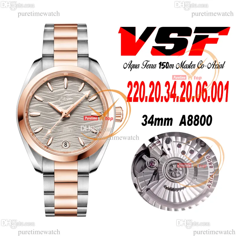 VSF Aqua Terra 150m A8800 Automatiska damer Titta på 43mm Two Tone Rose Gold Grey Texture Dial Rostfritt stål Armband Super Version 220.20.34.20.06.001 Womens Puretime G7