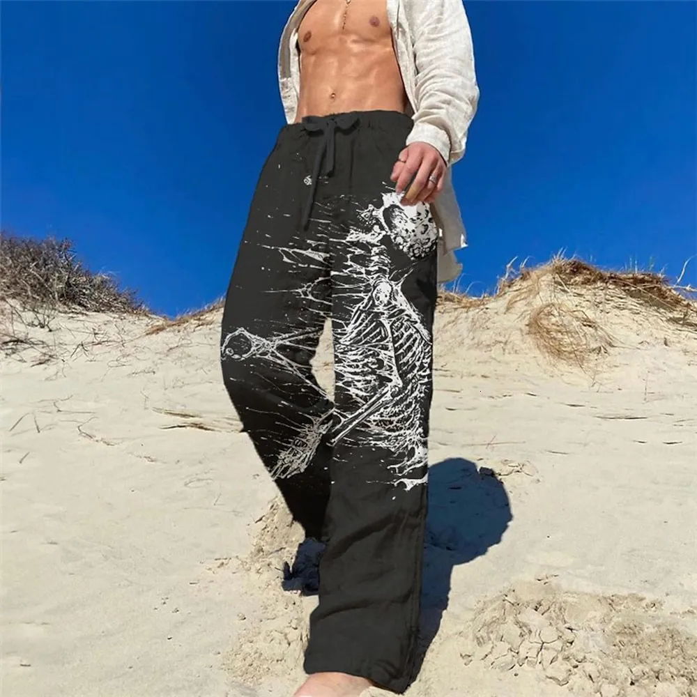 Summer Trousers Men Beach Pants: Elastic Waist Skull Graphic