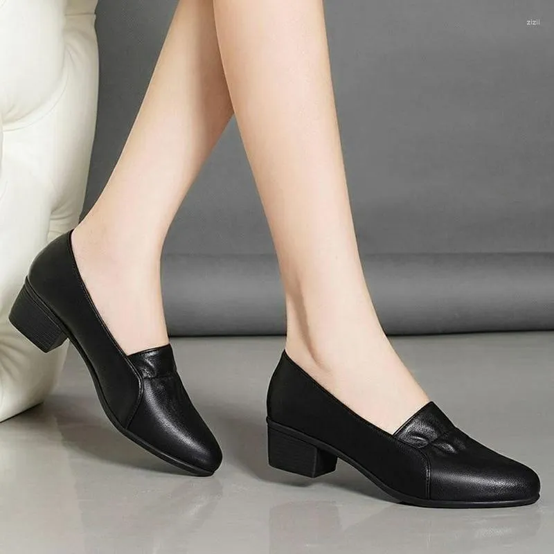 Women's Black Leather Loafers Medium Heel Square Heel Slip-On Dress Shoes  from Dhgate Dress Shoes - price 45.04
